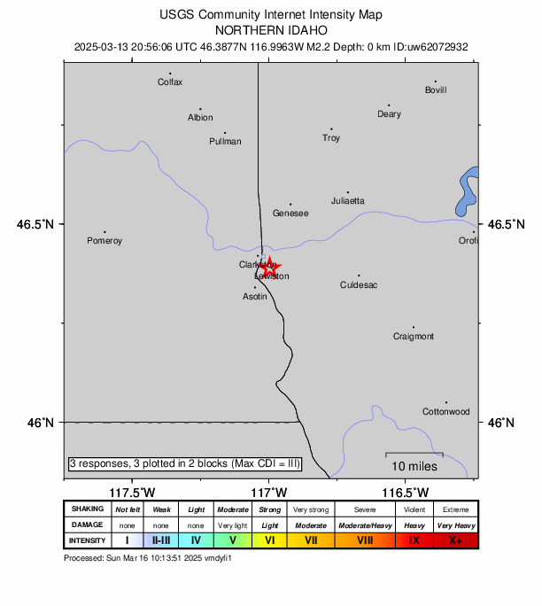 USGS DYFI community-reported intensity map for the M2.2 earthquake near 1 km WNW of Lewiston Orchards, Idaho
