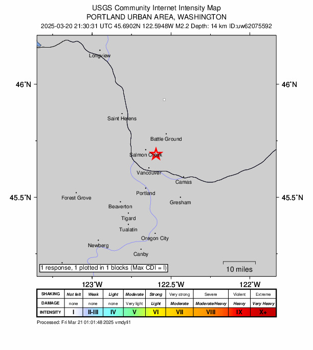 USGS DYFI community-reported intensity map for the M2.2 earthquake near 0 km SE of Barberton, Washington