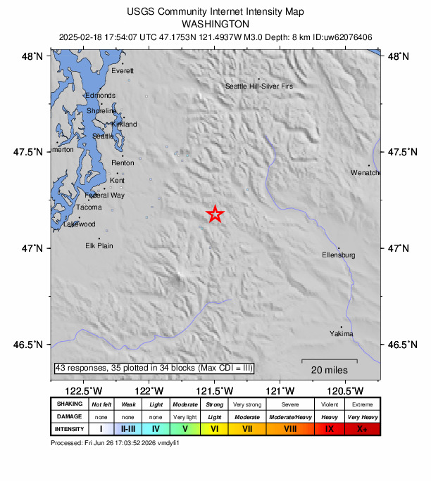 USGS DYFI community-reported intensity map for the M3.0 earthquake near 12 km E of Greenwater, Washington