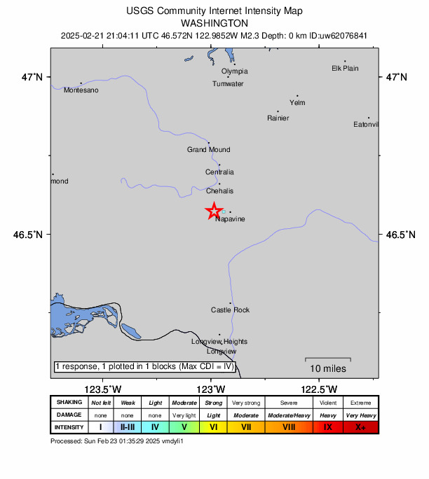 USGS DYFI community-reported intensity map for the M2.3 earthquake near 5 km W of Napavine, Washington