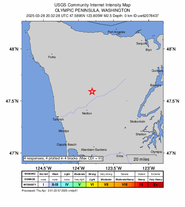 USGS DYFI community-reported intensity map for the M2.5 earthquake near 16 km NNE of Amanda Park, Washington