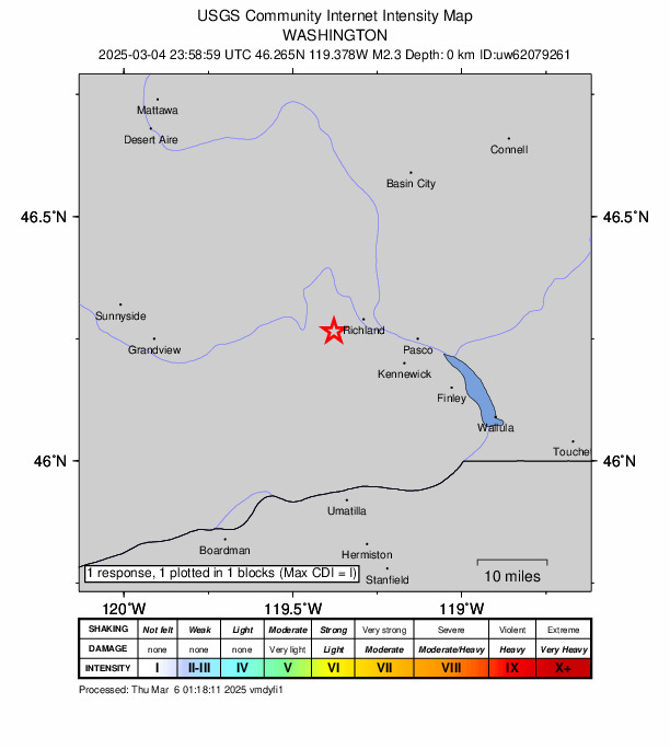 USGS DYFI community-reported intensity map for the M2.3 earthquake near 4 km SSW of West Richland, Washington