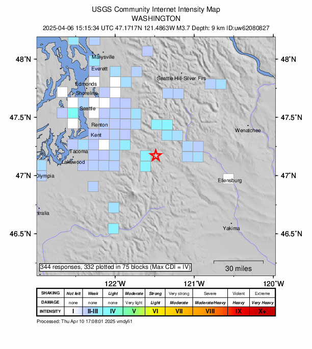 USGS DYFI community-reported intensity map for the M3.7 earthquake near 12 km E of Greenwater, Washington