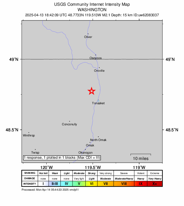 USGS DYFI community-reported intensity map for the M2.1 earthquake near 9 km NW of Tonasket, Washington