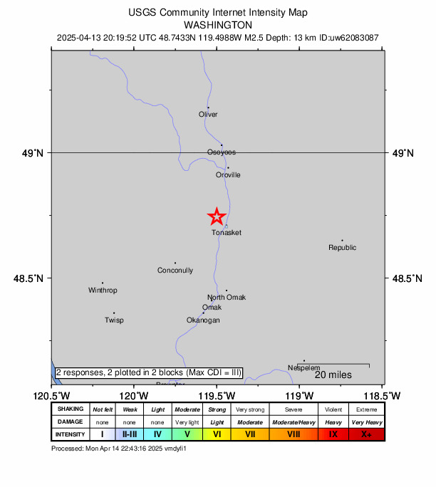 USGS DYFI community-reported intensity map for the M2.5 earthquake near 6 km NW of Tonasket, Washington