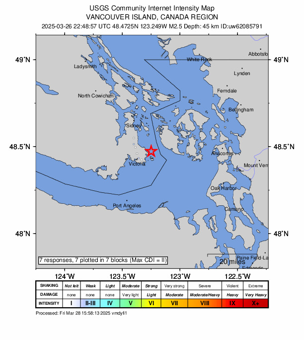 USGS DYFI community-reported intensity map for the M2.5 earthquake near 4 km ENE of Oak Bay, Canada