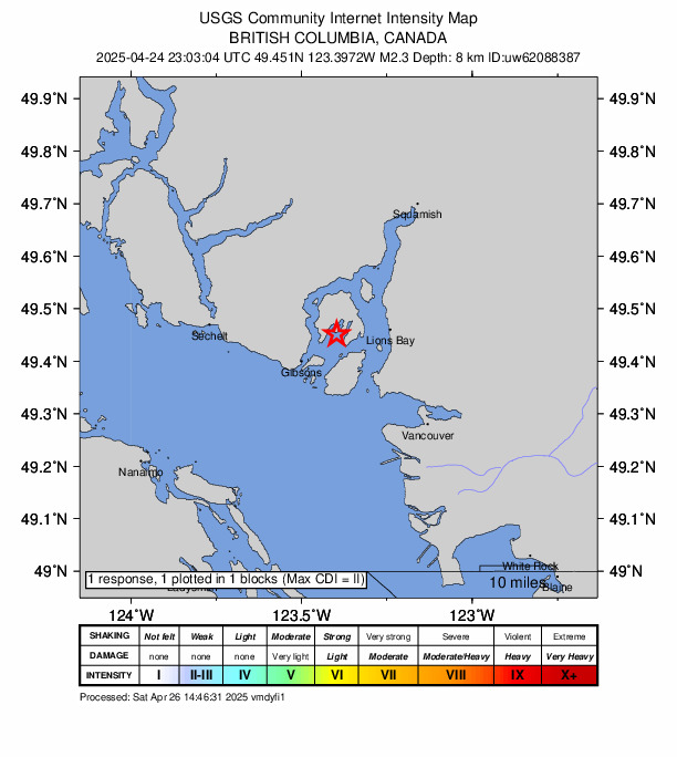 USGS DYFI community-reported intensity map for the M2.3 earthquake near 8 km NNW of Bowen Island, Canada