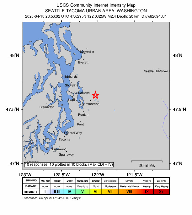 USGS DYFI community-reported intensity map for the M2.4 earthquake near 2 km N of City of Sammamish, Washington