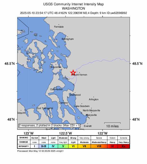 USGS DYFI community-reported intensity map for the M2.4 earthquake near 4 km W of Mount Vernon, Washington