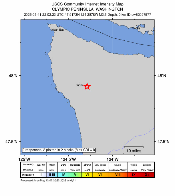 USGS DYFI community-reported intensity map for the M2.5 earthquake near 8 km ESE of Forks, Washington