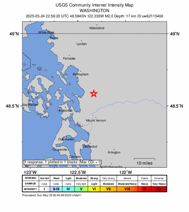 USGS DYFI community-reported intensity map for the M2.0 earthquake near 3 km S of Alger, Washington