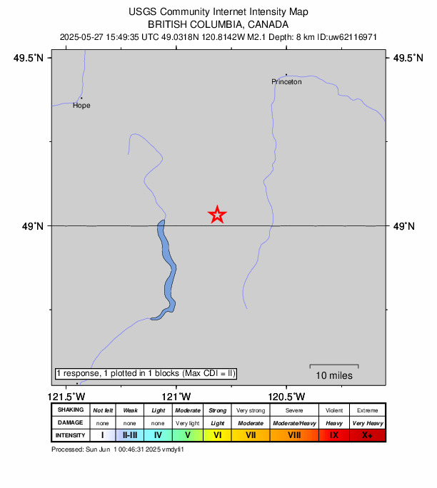USGS DYFI community-reported intensity map for the M2.1 earthquake near 52 km SSW of Princeton, Canada