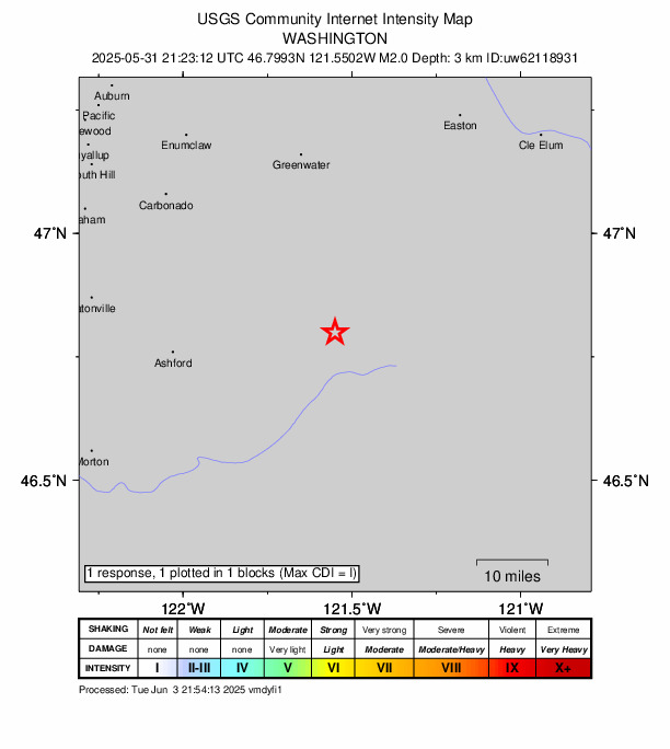 USGS DYFI community-reported intensity map for the M2.0 earthquake near 23 km NNE of Packwood, Washington
