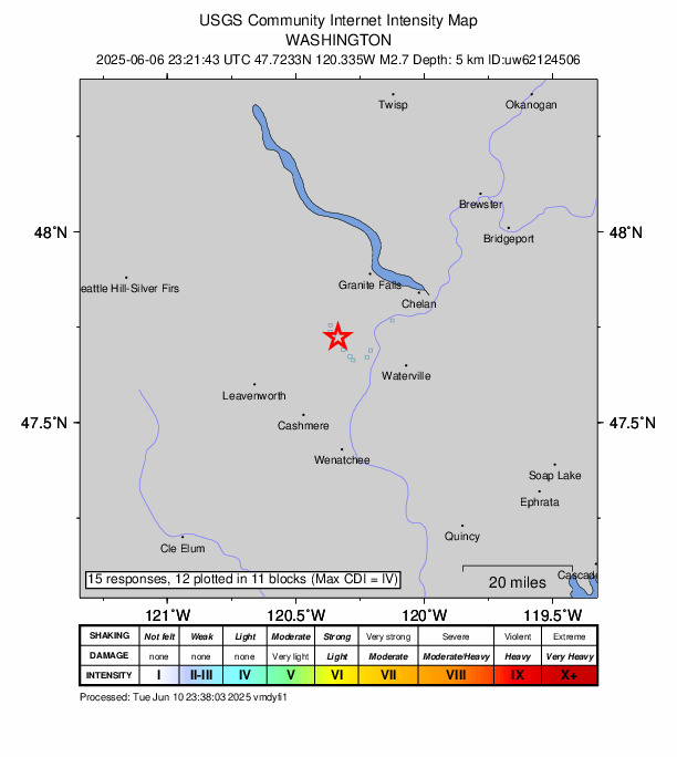 USGS DYFI community-reported intensity map for the M2.6 earthquake near 10 km WNW of Entiat, Washington