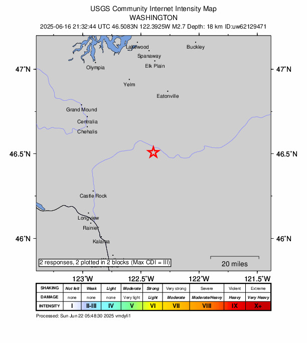 USGS DYFI community-reported intensity map for the M2.7 earthquake near 7 km ESE of Mossyrock, Washington