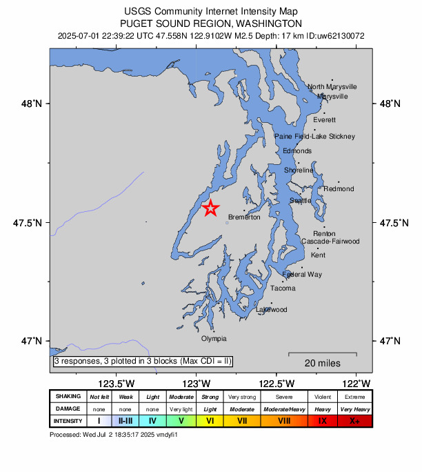 USGS DYFI community-reported intensity map for the M2.5 earthquake near 10 km SW of Seabeck, Washington