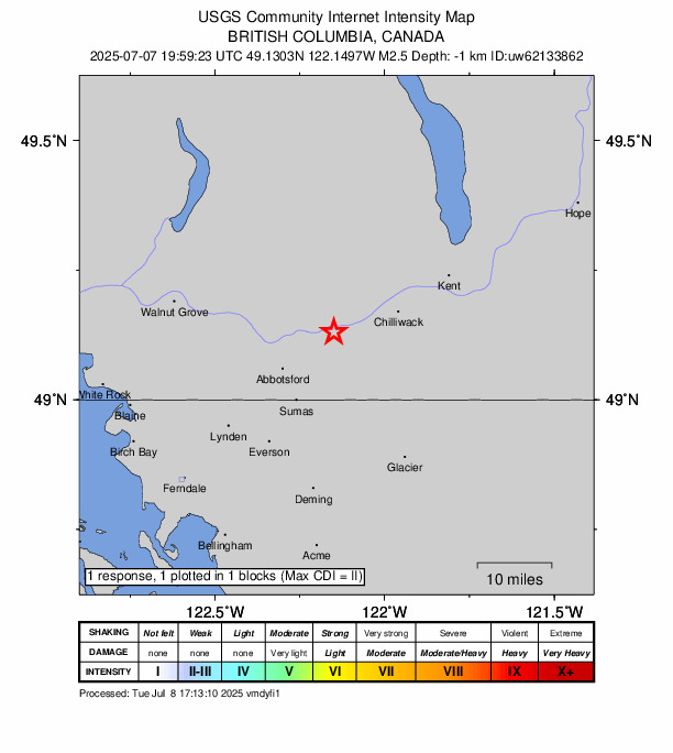 USGS DYFI community-reported intensity map for the M2.5 earthquake near 11 km NE of Abbotsford, Canada