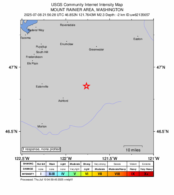USGS DYFI community-reported intensity map for the M2.3 earthquake near 22 km ENE of Ashford, Washington