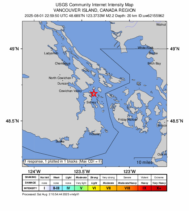 USGS DYFI community-reported intensity map for the M2.0 earthquake near 1 km SSW of North Saanich, Canada
