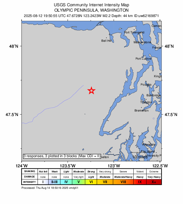 USGS DYFI community-reported intensity map for the M2.2 earthquake near 25 km W of Brinnon, Washington