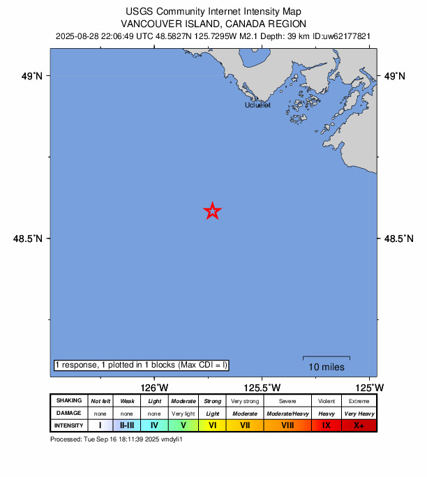 USGS DYFI community-reported intensity map for the M2.1 earthquake near 42 km SSW of Ucluelet, Canada