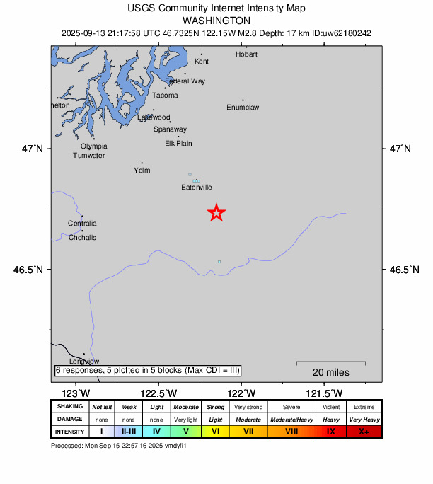 USGS DYFI community-reported intensity map for the M2.8 earthquake near 3 km NE of Mineral, Washington
