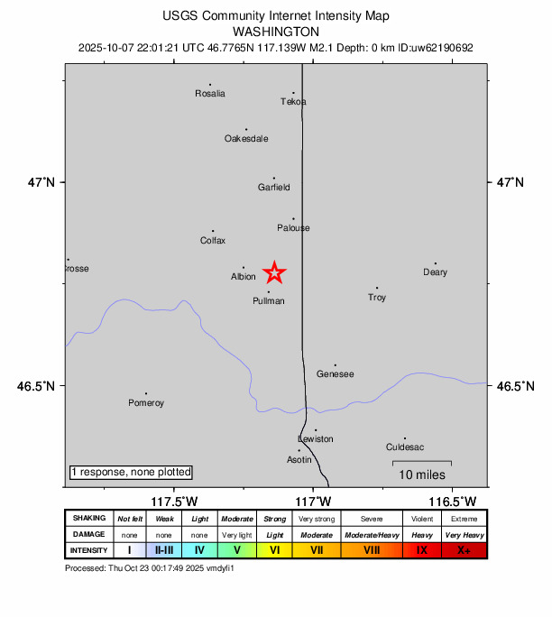 USGS DYFI community-reported intensity map for the M2.1 earthquake near 5 km NNE of Pullman, Washington