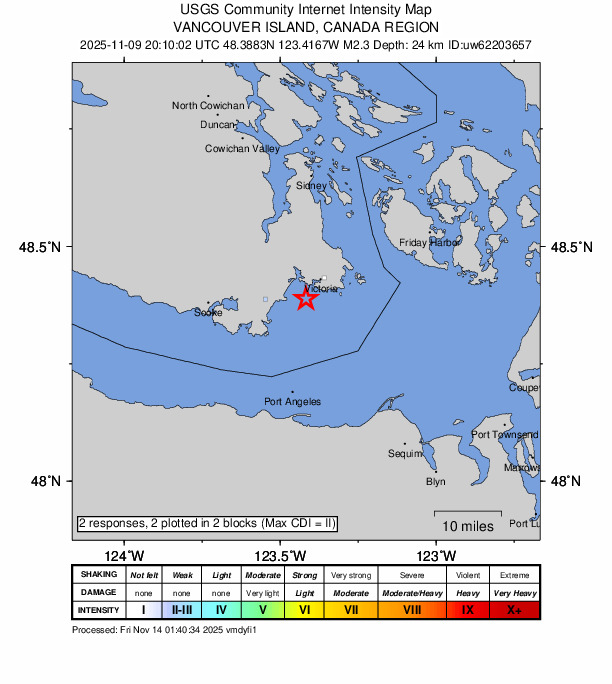 USGS DYFI community-reported intensity map for the M2.3 earthquake near 5 km SSE of Esquimalt, Canada