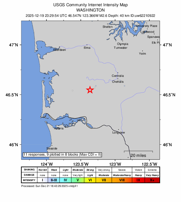 USGS DYFI community-reported intensity map for the M2.6 earthquake near 5 km WSW of Pe Ell, Washington