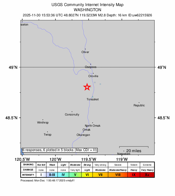 USGS DYFI community-reported intensity map for the M2.8 earthquake near 8 km ESE of Loomis, Washington