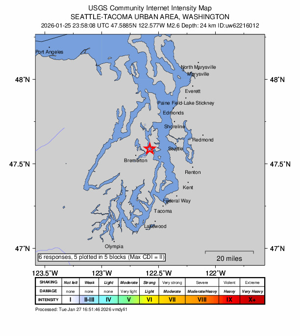 USGS DYFI community-reported intensity map for the M2.6 earthquake near 1 km ENE of Enetai, Washington