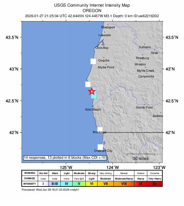 USGS DYFI community-reported intensity map for the M3.1 earthquake near 12 km SSE of Port Orford, Oregon