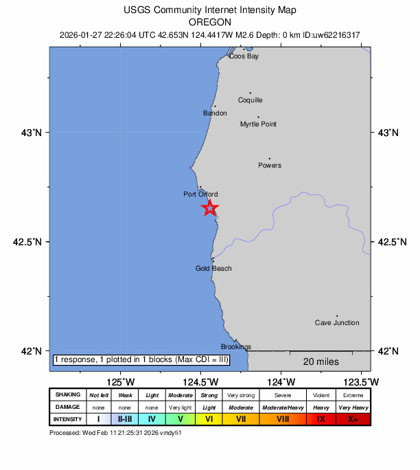 USGS DYFI community-reported intensity map for the M2.6 earthquake near 11 km SSE of Port Orford, Oregon