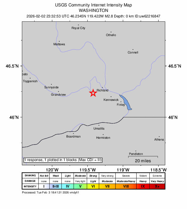USGS DYFI community-reported intensity map for the M2.8 earthquake near 5 km ESE of Benton City, Washington
