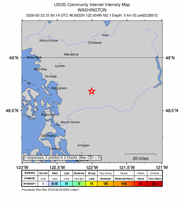 USGS DYFI community-reported intensity map for the M2.1 earthquake near 15 km ESE of Acme, Washington