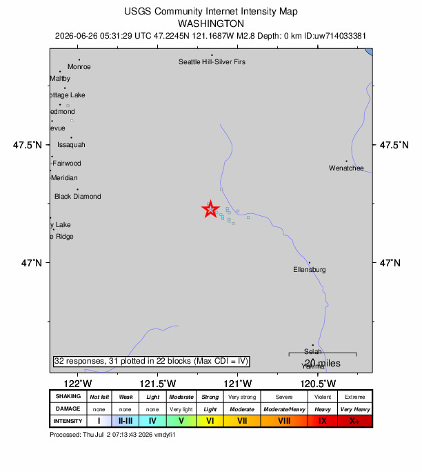 USGS DYFI community-reported intensity map for the M2.8 earthquake near 1 km SSE of Easton, Washington