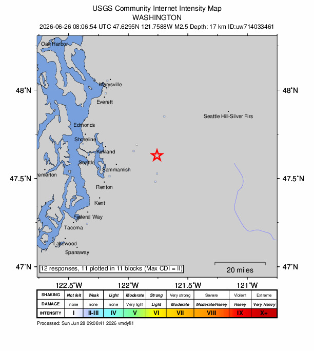 USGS DYFI community-reported intensity map for the M2.5 earthquake near 11 km E of Carnation, Washington