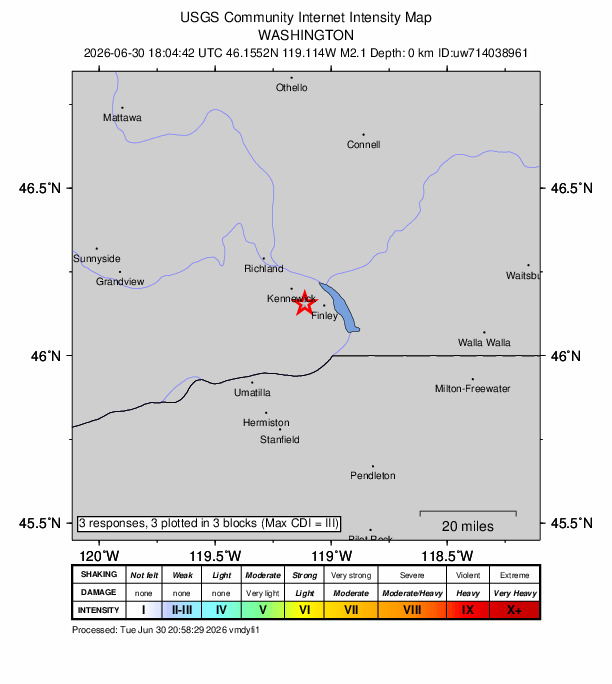 USGS DYFI community-reported intensity map for the M2.1 earthquake near 2 km N of Highland, Washington