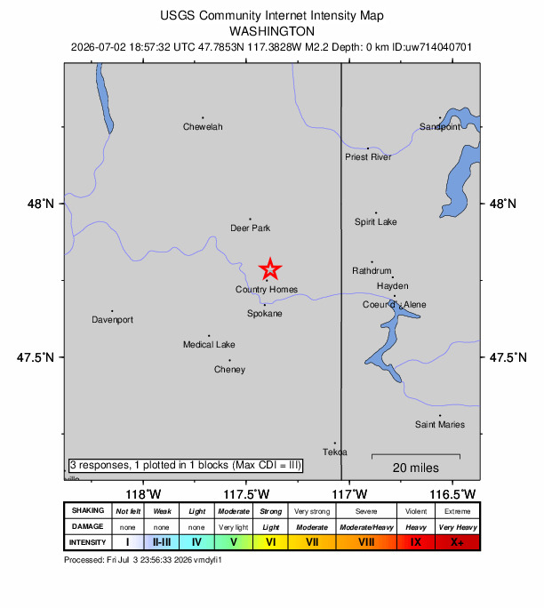 USGS DYFI community-reported intensity map for the M2.2 earthquake near 2 km NW of Mead, Washington