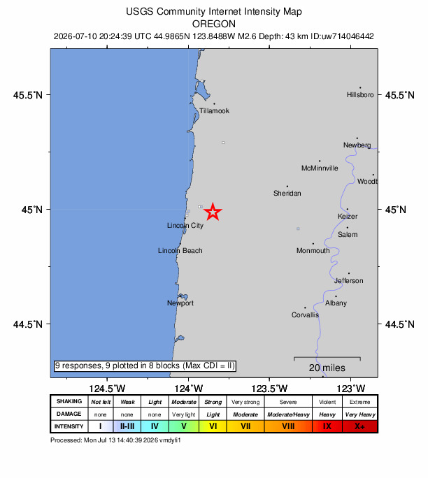 USGS DYFI community-reported intensity map for the M2.6 earthquake near 3 km SE of Rose Lodge, Oregon