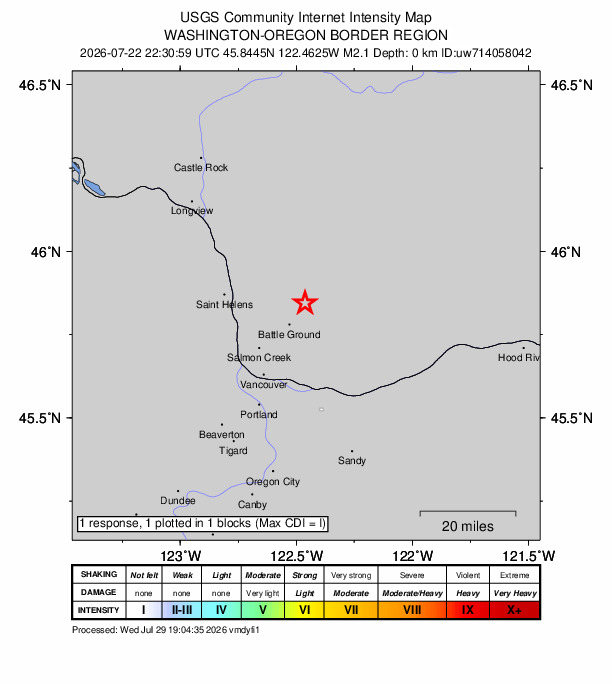 USGS DYFI community-reported intensity map for the M2.1 earthquake near 4 km WSW of Yacolt, Washington