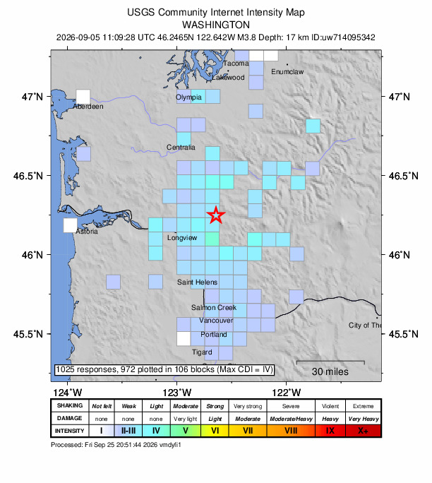 USGS DYFI community-reported intensity map for the M3.8 earthquake near 20 km E of Castle Rock, Washington