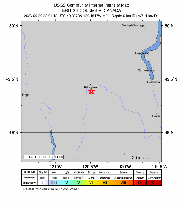 USGS DYFI community-reported intensity map for the M2.4 earthquake near 8 km SSE of Princeton, Canada