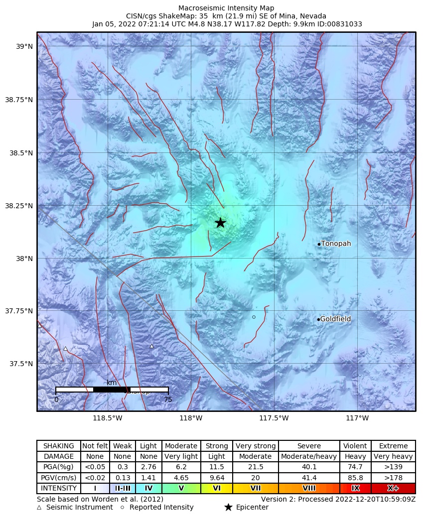 USGS ShakeMap: estimated shaking intensity around the epicenter