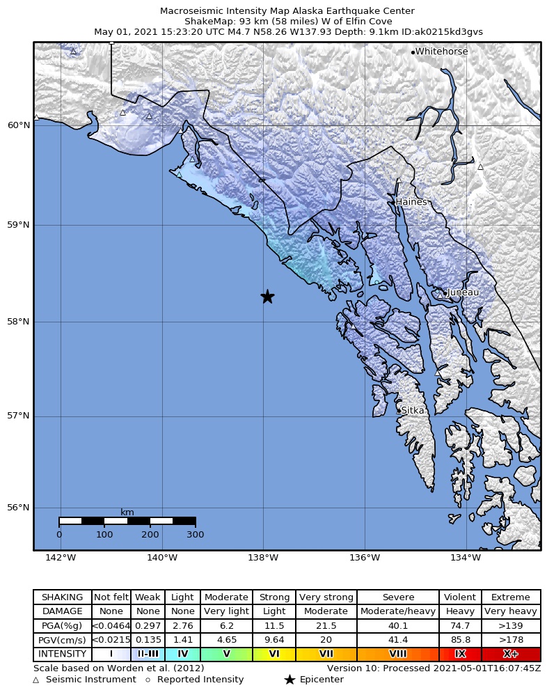 USGS ShakeMap intensity contours for the M4.7 earthquake near 93 km W of Elfin Cove, Alaska