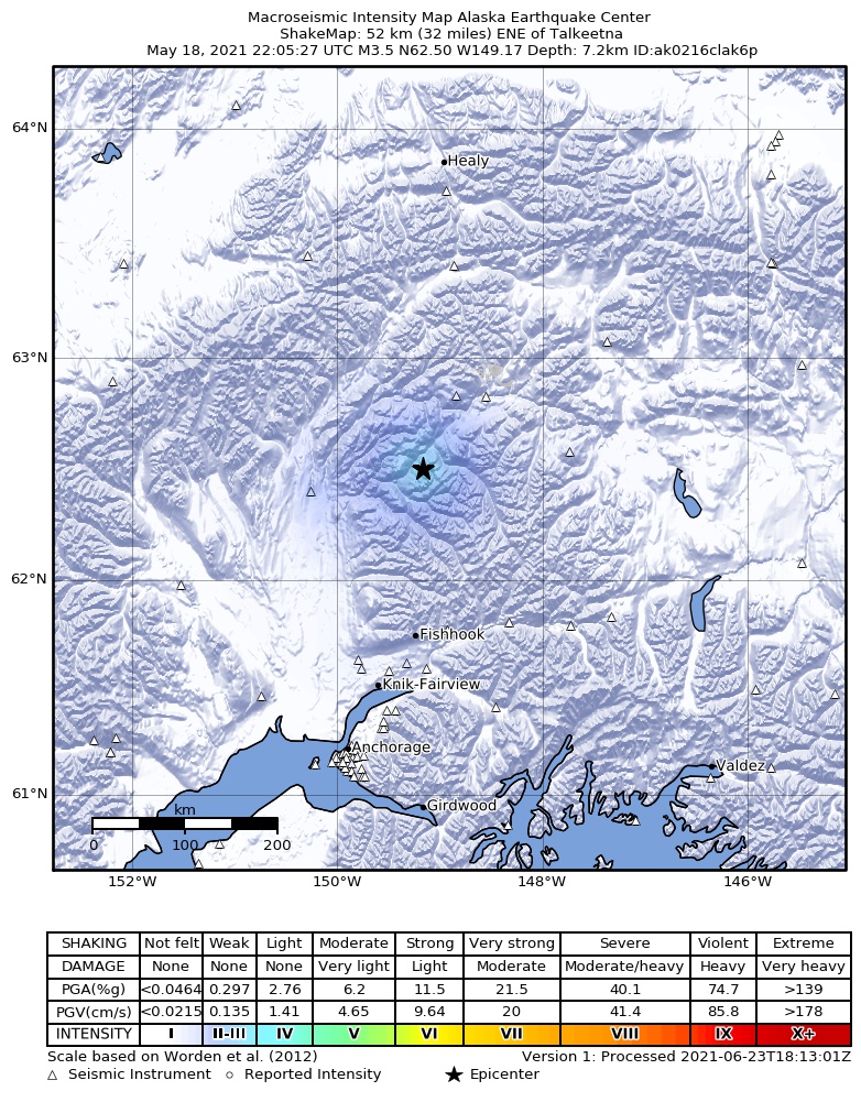 USGS ShakeMap: estimated shaking intensity around the epicenter