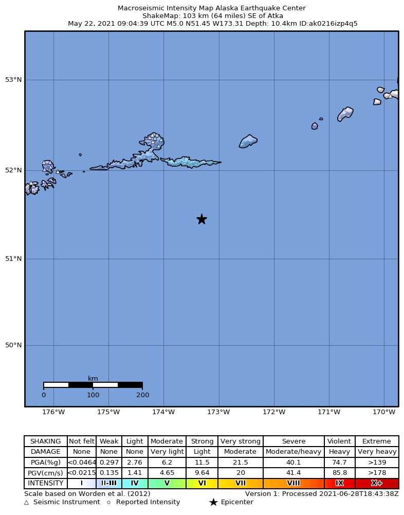 USGS ShakeMap: estimated shaking intensity around the epicenter
