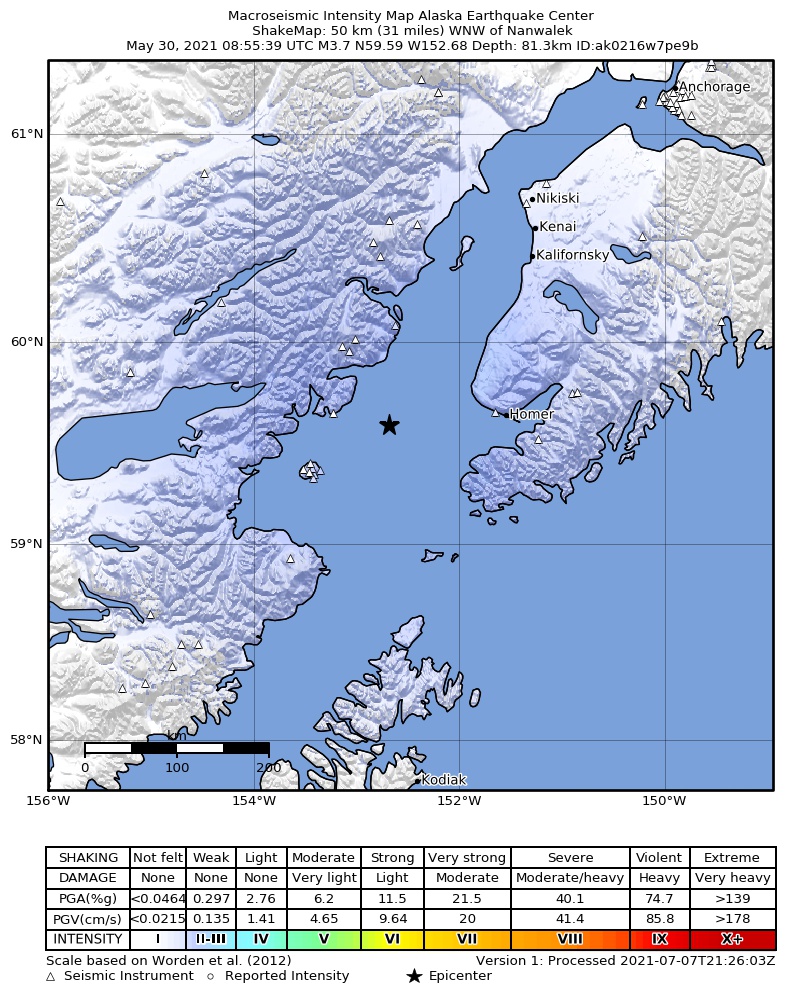 USGS ShakeMap: estimated shaking intensity around the epicenter