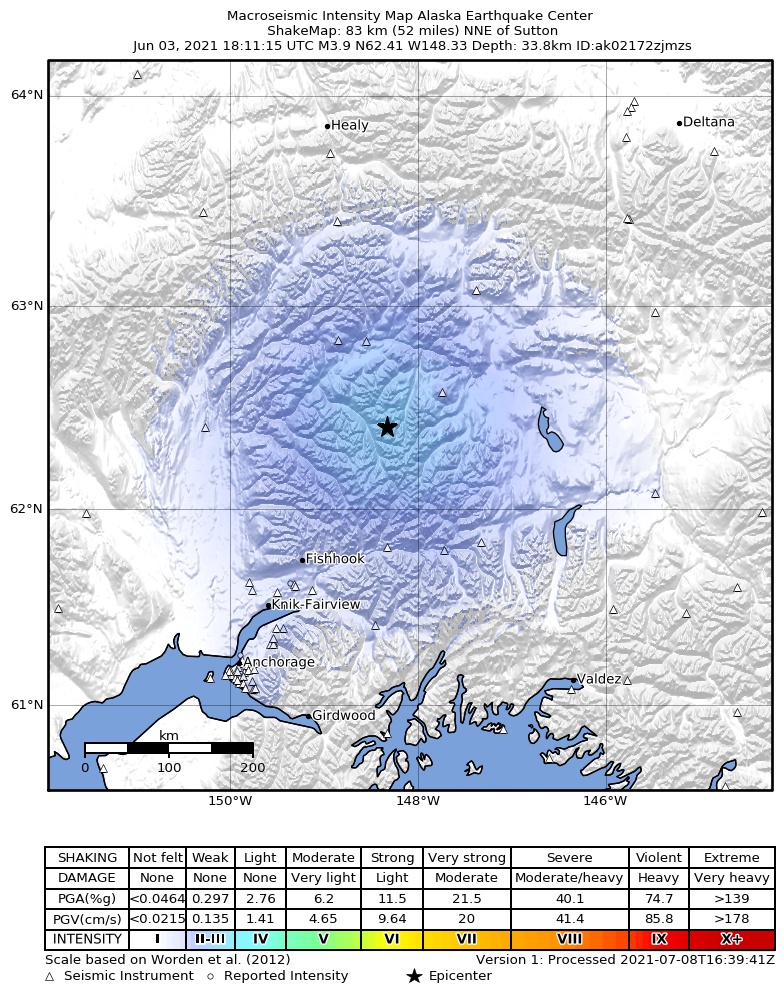 USGS ShakeMap intensity contours for the M3.9 earthquake near 69 km N of Chickaloon, Alaska