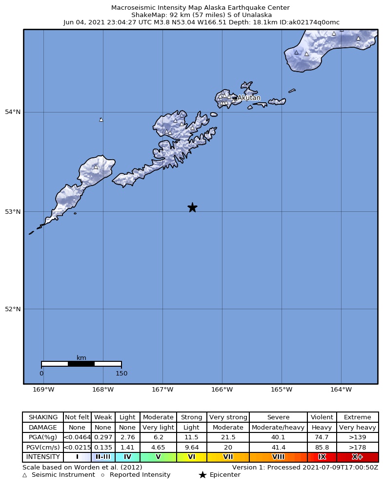USGS ShakeMap: estimated shaking intensity around the epicenter